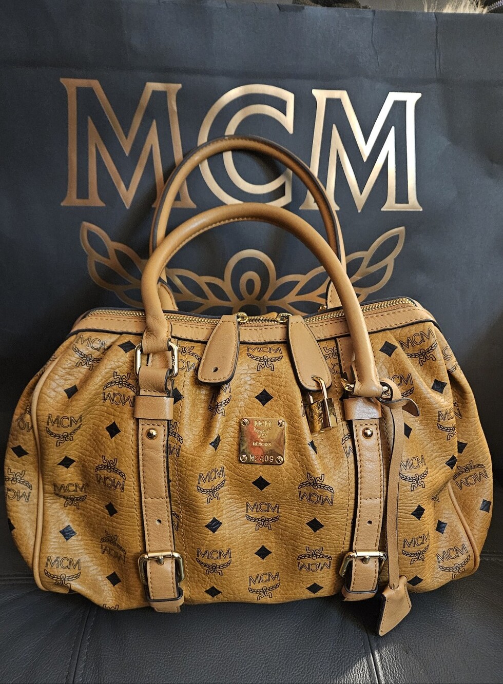 MCM Cognac Visetos Logo Satchel with Gold Hardware